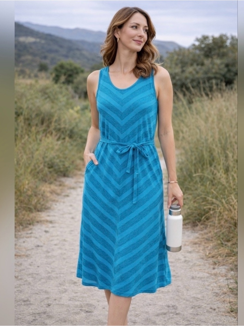 The North Face Teal Chevron Sleeveless Midi Dress with Tie Waist